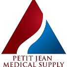 Petit Jean Medical Supply logo with red and blue abstract shapes