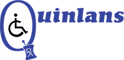 Quinlans Pharmacy logo in blue text with RX symbol in a mortar and pestle shape
