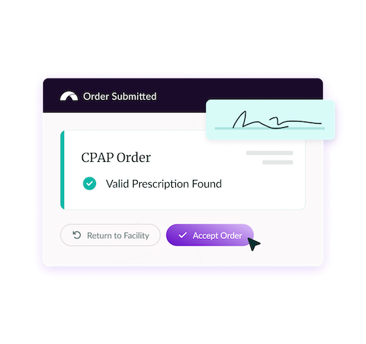 CPAP order confirmation screen with valid prescription and accept button